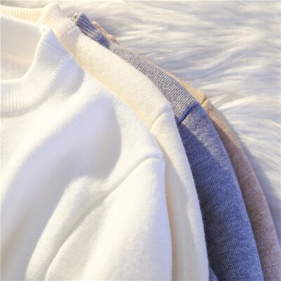 秋冬季新款圆领修身长袖打底针织衫上衣加厚一体绒灰色毛衣女内搭