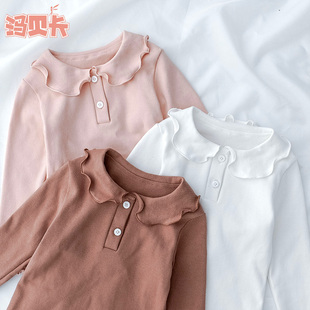 纯棉儿童女宝宝上衣 洋气娃娃领女孩白色打底衫 女童t恤春秋装 新款