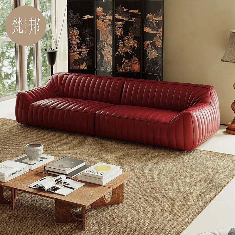 直排客厅皮艺红色红悦沙发复古别墅意式极简高级小户型创意现代