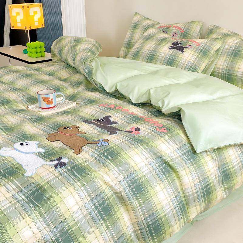 可爱全棉床上四件套纯棉卡通毛巾绣男女孩学生宿舍床单床笠三件套