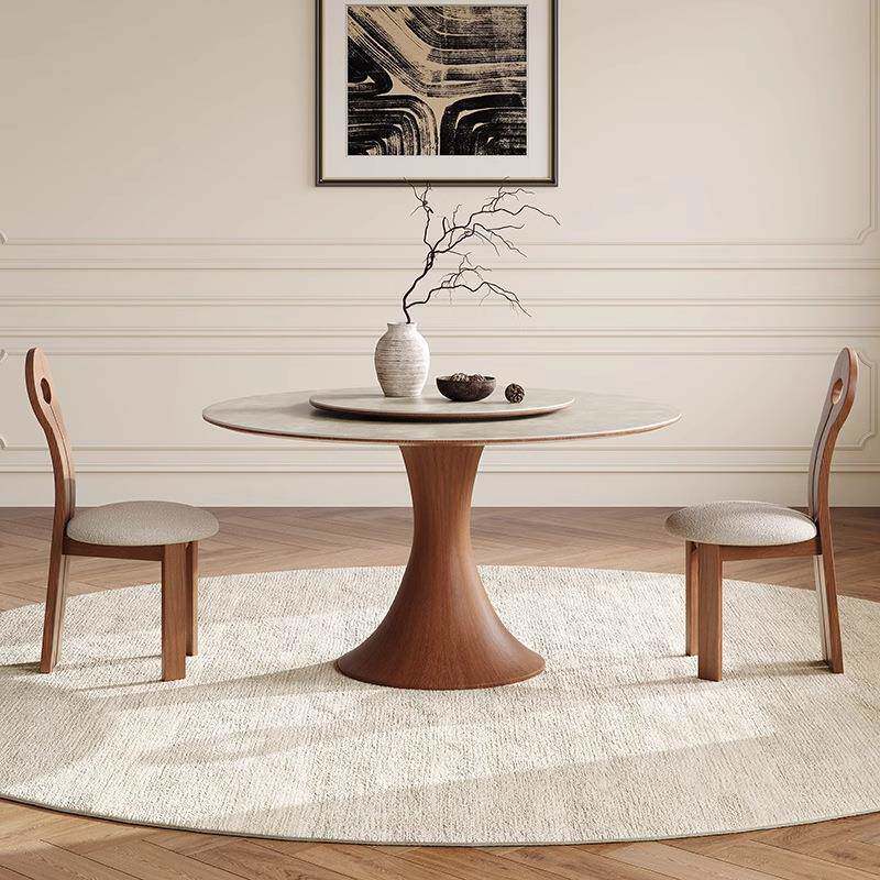 北欧实木岩板餐桌法式中古风小户型家用圆形饭桌胡桃色餐桌椅组合