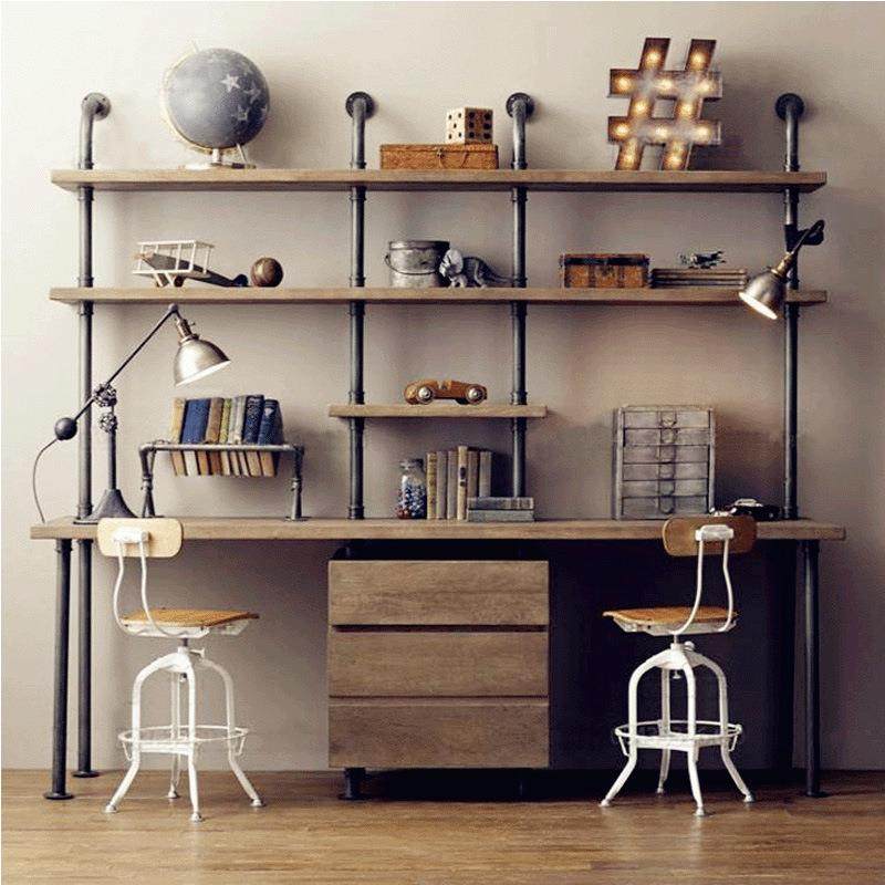 美式实木办公桌loft复古单双人家用靠墙电脑桌铁艺水管书桌可制定