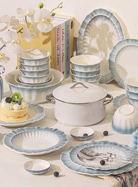 色花彩瓣碗碟套装家用in云涧蓝漪s高级风感陶瓷餐具设蓝计感釉下