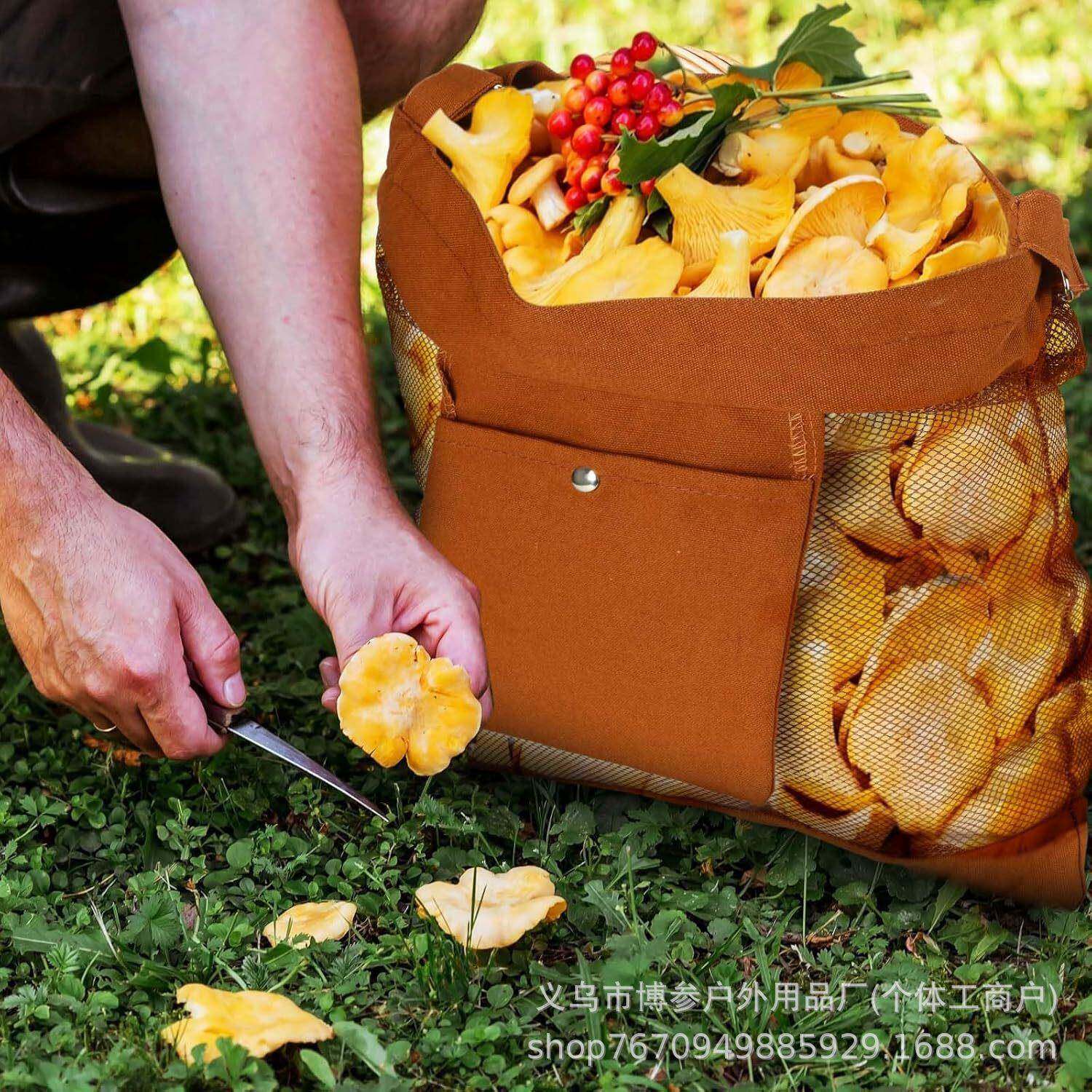 户外集蘑菇觅食袋帆布食袋收网眼蘑菇采摘袋水果43*38cm觅蔬菜采