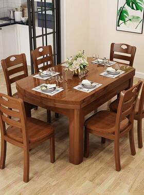 全实木餐桌组椅合餐桌家用代饭伸缩YHR折叠现简约吃桌小户型可变