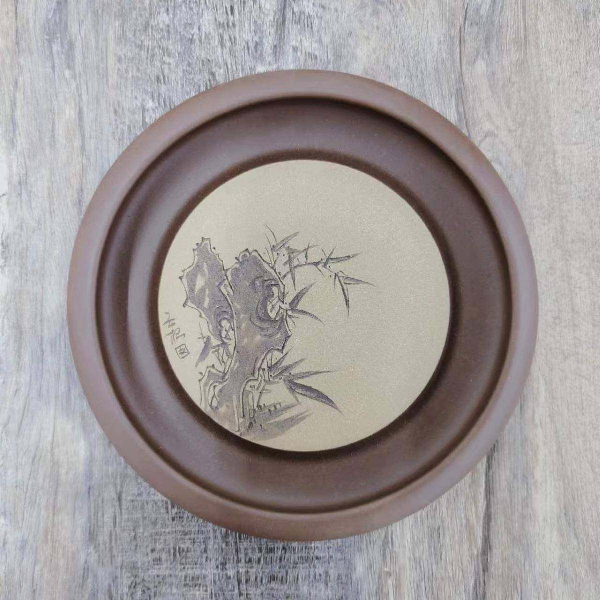 宜茶兴紫砂原矿壶承干泡台储圆形小盘单式层水AVF壶承手工刻绘壶