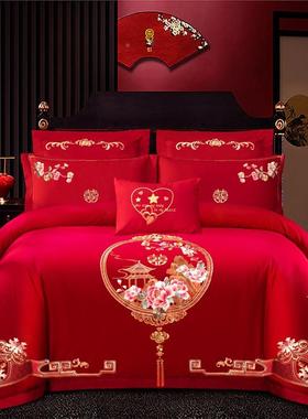 件婚庆亲肤磨毛四套OCS大红色床裙中式刺六件套结婚陪绣款嫁床上
