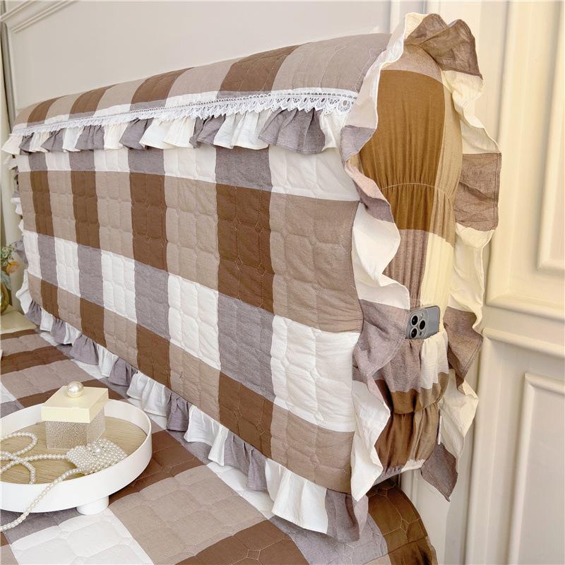 高档纯棉床裙加厚床罩三件套简约格子XLW色水棉织1米8全洗棉围床