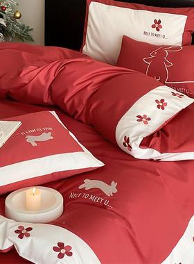 喜庆大红色20230205套纯棉全棉100绣s件澳棉可爱小兔四花边刺被套