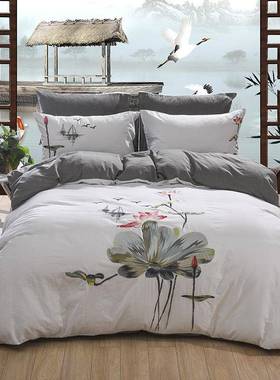 中水棉国风山墨画刺XJ180105绣洗四件套全水棉绣花床上用品新中式