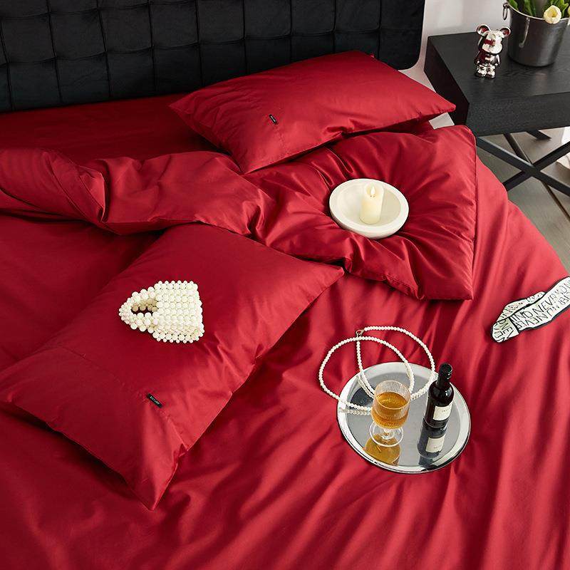 婚庆大红10支ly贡缎绒棉纯色四件套简约结0婚长套纯棉被床笠陪嫁,床上用品,婚庆床品套件,淘宝优惠券,粉丝福利购,淘宝优惠卷