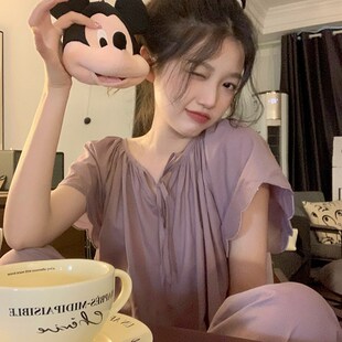 简约系带纯色棉麻睡衣女夏季短袖长裤两件套柔软棉质连衣裙家居服