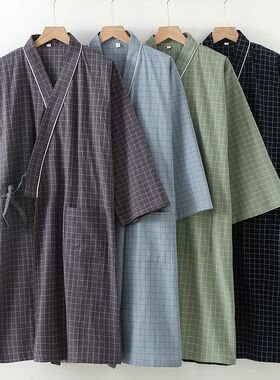 日系纯棉男士睡袍春秋季长袖全棉睡衣日式汗蒸服浴袍格子浴衣睡裙