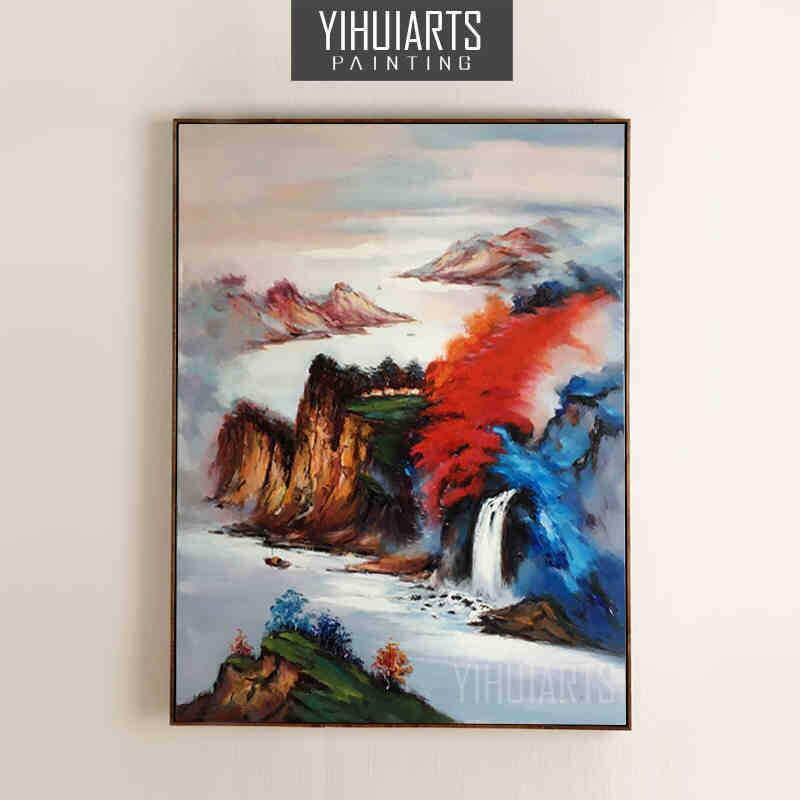玄关风景山水油画装饰画现代中式竖幅走廊无框画卧室餐厅书房挂画