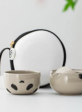 熊猫旅行茶具套装一壶一杯陶瓷快客杯便携式茶杯一人喝茶户外露营