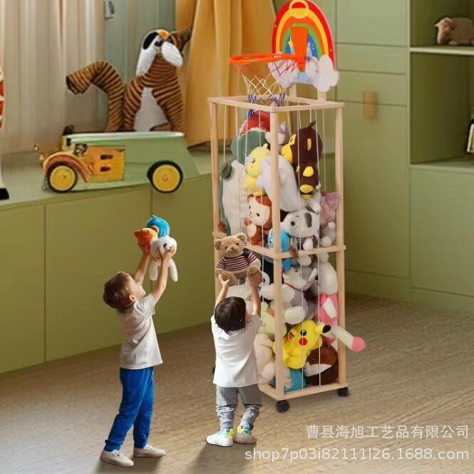 跨境木制玩具收纳架带投篮大容量毛绒玩具填充物玩具展示架落地式