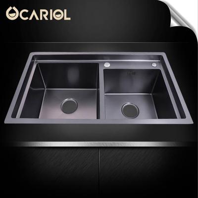 厨房不锈钢纳米水槽7843黑金刚台阶洗菜手工黑色双槽防刮耐磨