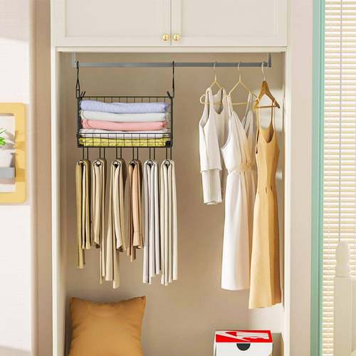 衣柜二层挂篮带衣架卧室简约家用挂衣服架子铁艺晾衣架挂钩