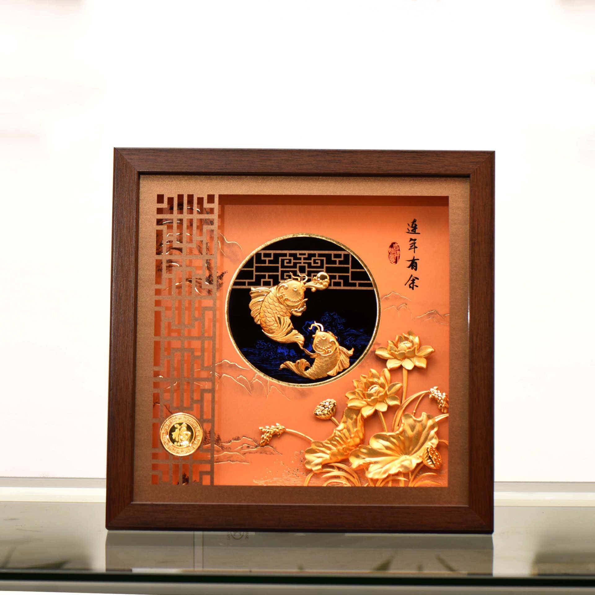 国潮立体金箔画连年有余装饰摆件足金锦鲤年年有余文创高档商务礼