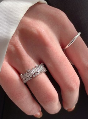 白色方形锆石戒指2022新潮戒设计感开口戒小众设计感食指戒指指环