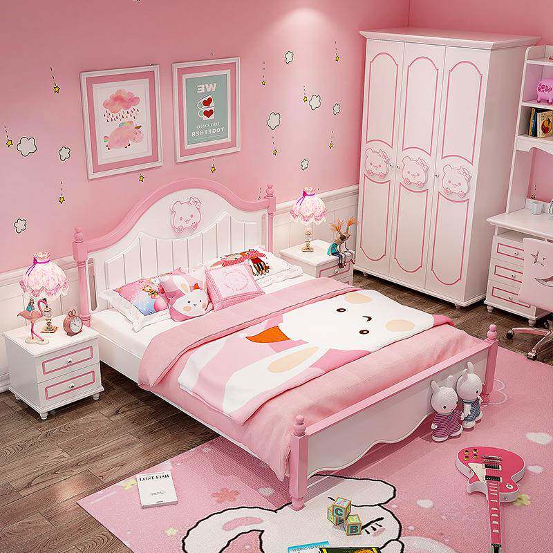 儿.孩童857床女公主米床粉色单人床卧室1.2/15米儿童房家具组合套