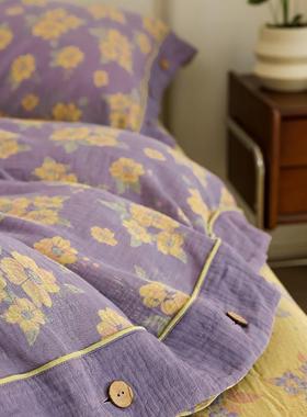 青类禾~A18147田风全棉园双层纱四件套纯棉款纱布色织提花纽扣床