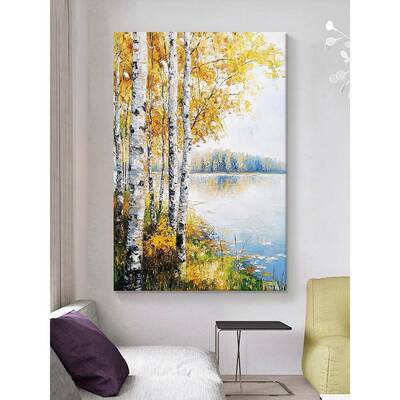 客厅莫桦树林手绘油SGW画画玄关美式印象派肌理装饰湖水风奈白景