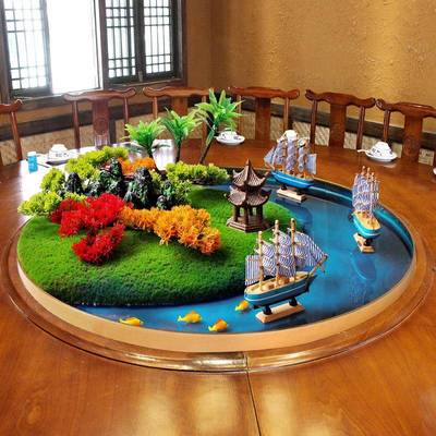 酒店厢大圆桌texs中摆花电动转间盘装餐饰摆件中式包圆桌景观桌花