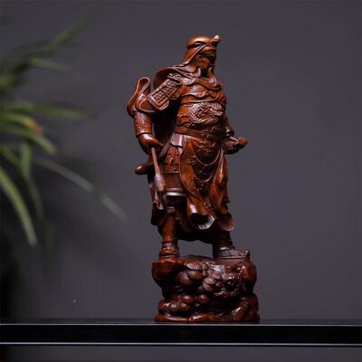 藏雕叶小黄杨木刻关公4841关二旧爷武财神关羽古玩旧藏摆件家居装