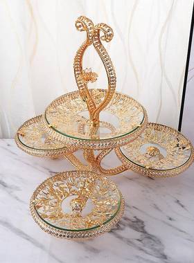 新款时尚奢亮金色钢化玻璃多层式果盘OVQ家用客水厅酒轻店欧创意