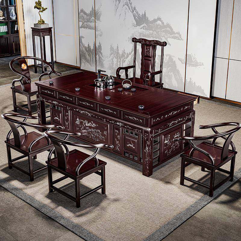 紫檀色茶全实木GWX茶台办公室中式仿用古全套几体家客厅茶桌一一
