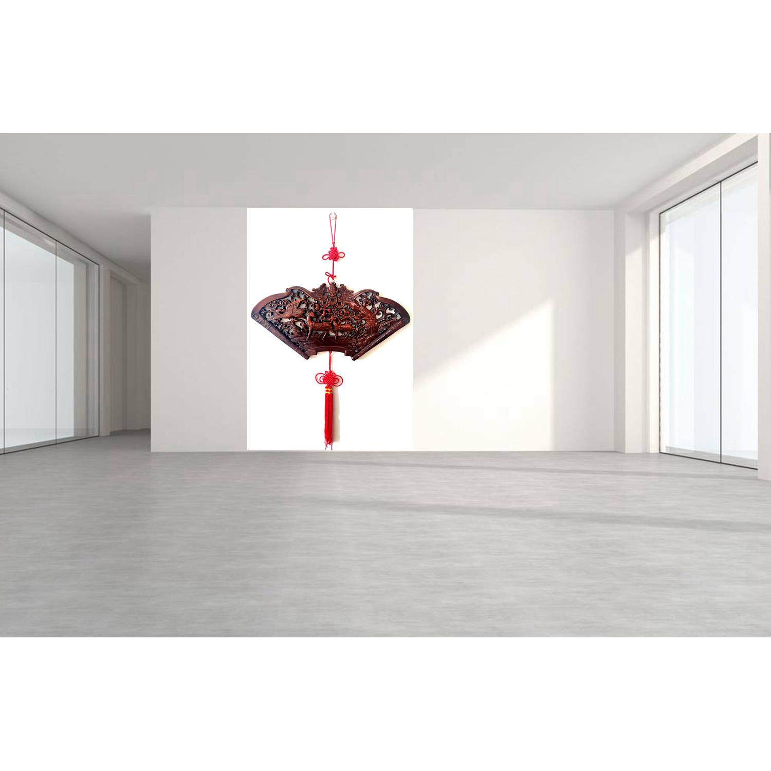 东阳实木雕刻镂空福格中式仿饰古装PWZ画字挂件中国花结扇形客厅