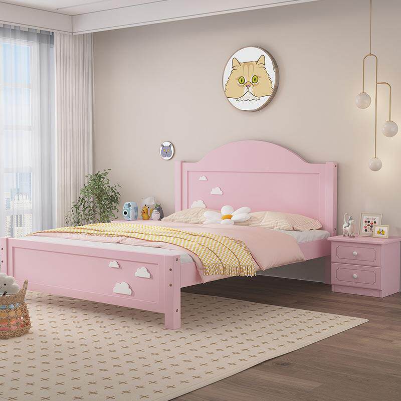 儿童床女孩网红云实木粉色公HYE主床一米床二单人抽屉床朵型护栏