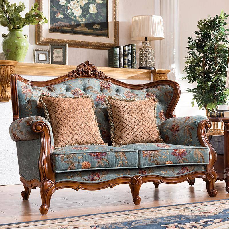 美式全实布艺沙发组JS66108合客厅木小户型三位家具双套装欧式简