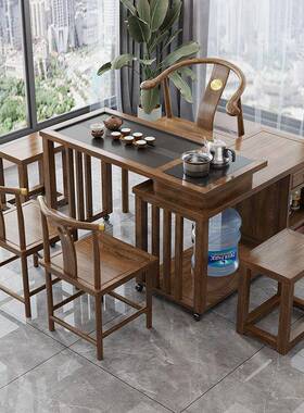 实OLL木茶桌旋转式茶阳台小1户型台移动米1.2米椅组合橡胶木带桌