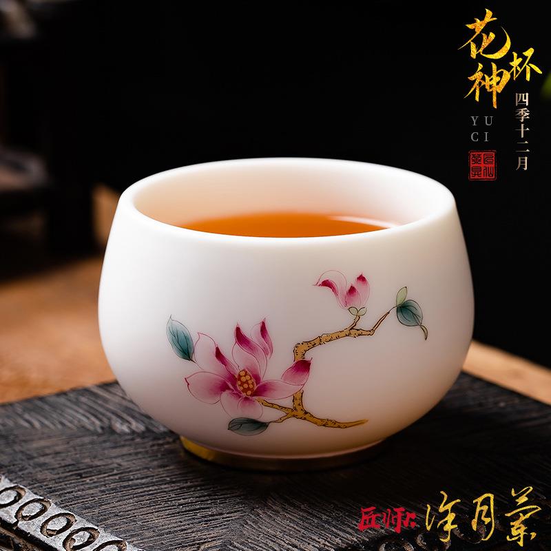手绘十二花神杯描金羊脂玉瓷主人品茗杯大号陶瓷茶杯茶具