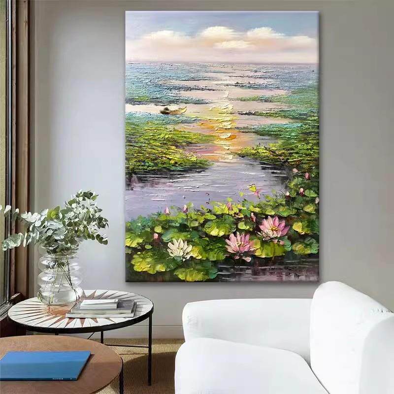 日出荷塘风景纯手绘油画北欧风荷花植物装饰画客厅玄关厚肌理挂画