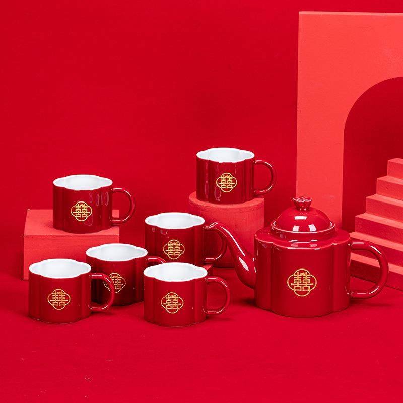 婚庆中国红色陶瓷茶具套装婚庆用品大容易壶大杯子大号提梁壶套装,收纳整理,烫衣板及配件,淘宝优惠券,粉丝福利购,淘宝优惠卷