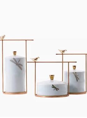 轻奢新中式青绿色春意蜻蜓小鸟铁艺陶瓷装饰品高端玄关博古架摆件