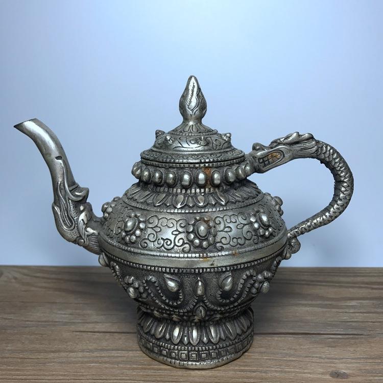仿古玩铜器收藏风水摆件白铜镀银铜器藏式壶龙嘴壶酒壶水壶