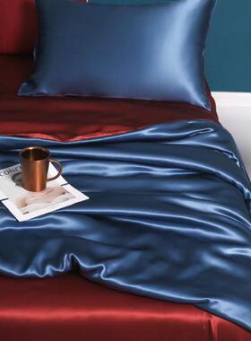 重磅桑蚕丝四件套日系蓝色撞色真丝亲肤素绉缎床上用品床单式被套