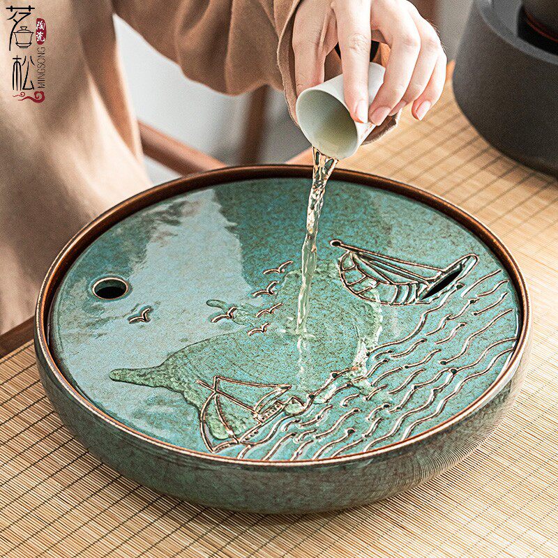 日式圆形茶盘大号干泡盘茶台家用陶瓷储水盘酒店茶具用品家用茶海