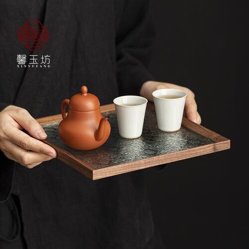 海棠窗花玻璃托盘黑胡桃木边框茶盘水杯茶具收纳盘餐盘水果点心盘