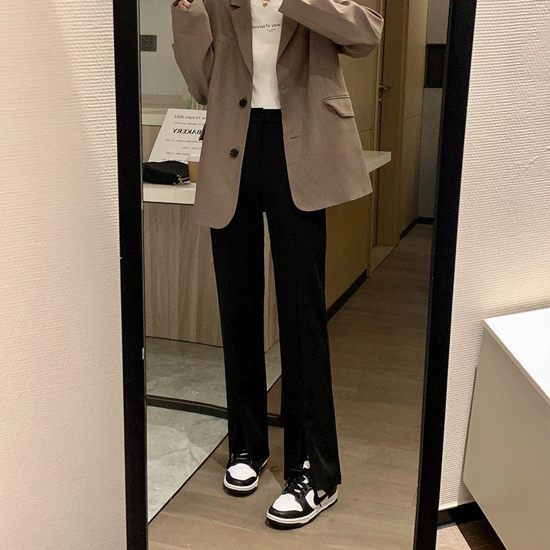 前开叉裤子女秋季新款高腰阔腿垂感休闲显瘦小个子西装拖地直筒裤