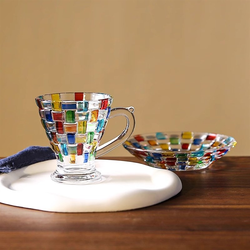 出口款高颜值彩绘水晶玻璃咖啡杯碟套装SRT