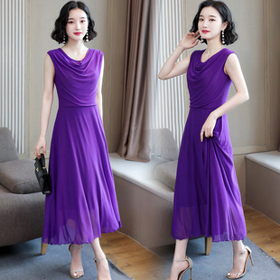 长款 无袖 收腰显瘦遮肚大码 夏装 气质裙子 褶皱网纱连衣裙女2020新款