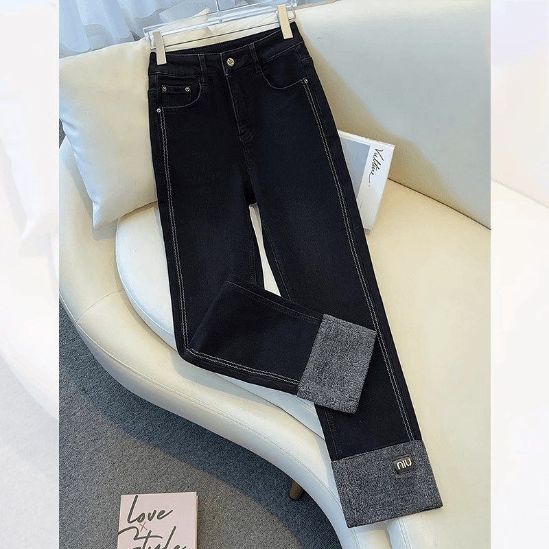 烟管裤牛仔裤女秋冬2024早秋新款高腰翻边小个子九分卷边直筒裤子