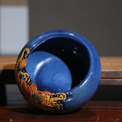 无孔紫砂水洗水生植物铜钱草一叶莲烟灰缸陶瓷茶洗笔洗泥绘精品