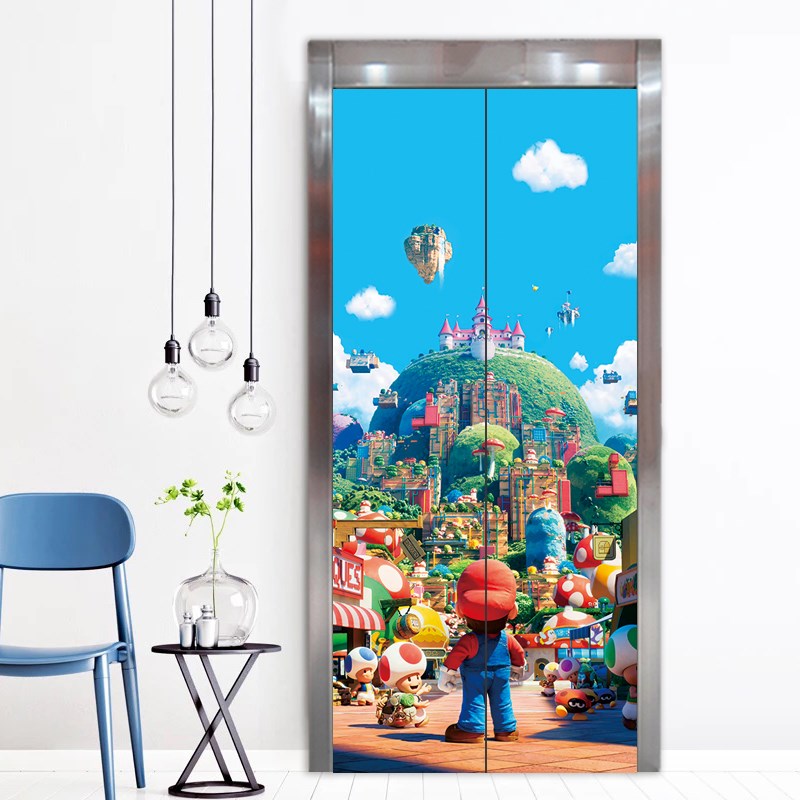 电梯门装饰贴纸整张防火门定制玛丽奥卡通电影院商场加厚自粘贴画