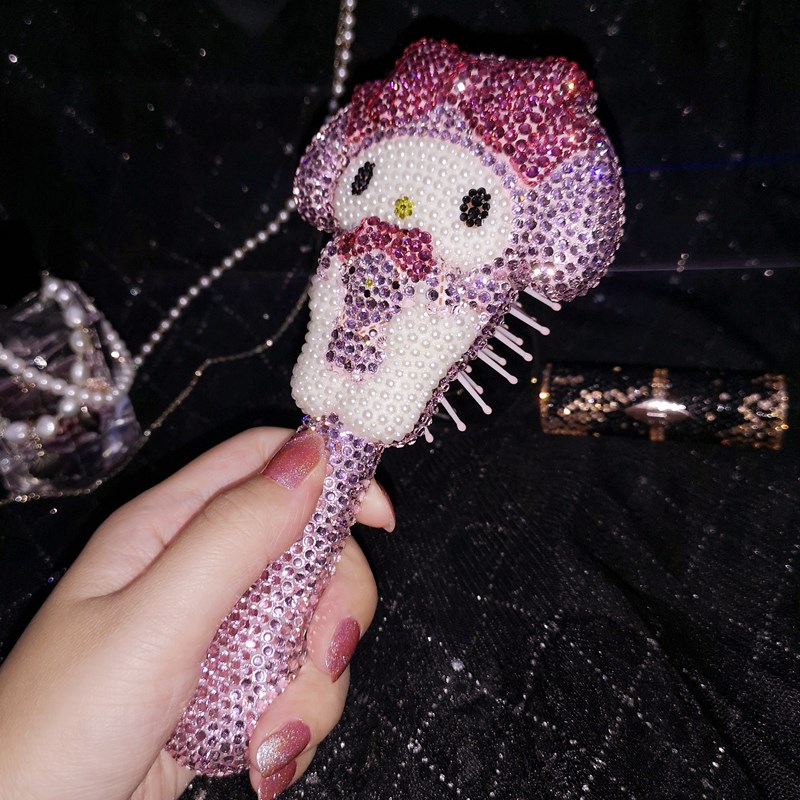 网红可爱卡通猫水钻补妆化妆镜少女心梳妆手持镜家用气垫木梳镜子